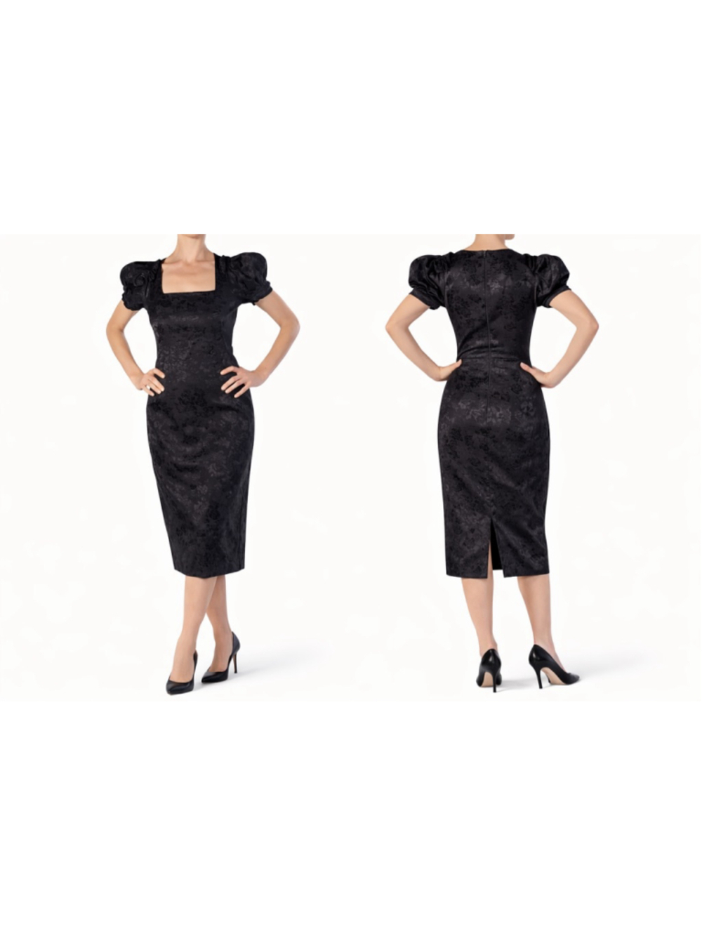 Antonio Melani Black Damask Jacquard Midi Dress Puff Sleeve Square Neck Fitted S